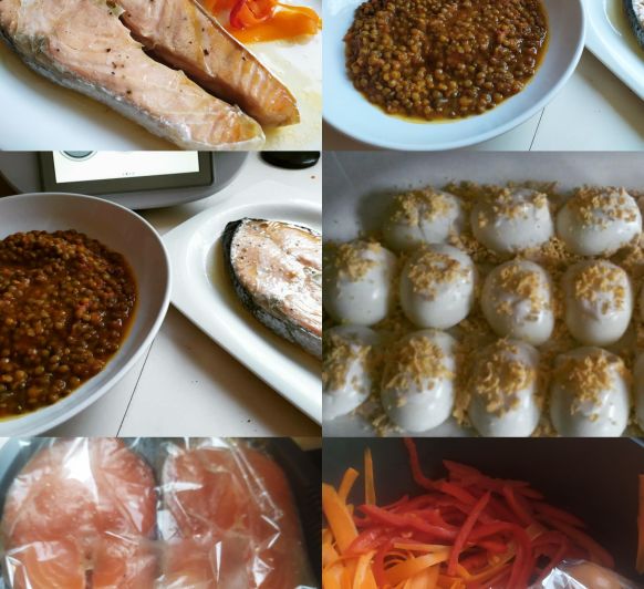 LENTEJAS ,SALMÓN Y HUEVOS RELLENOS