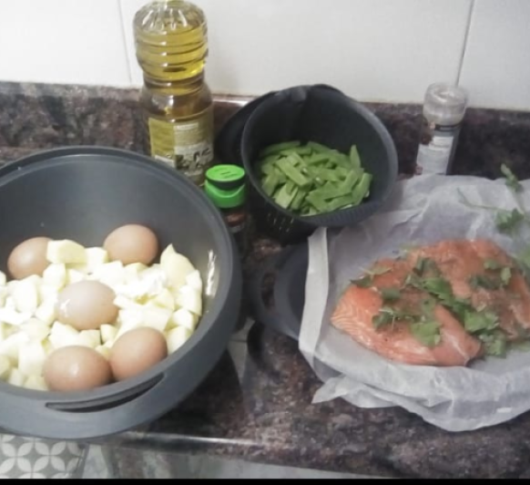 Menu completo : ensalada de vainas con salmon al vapor